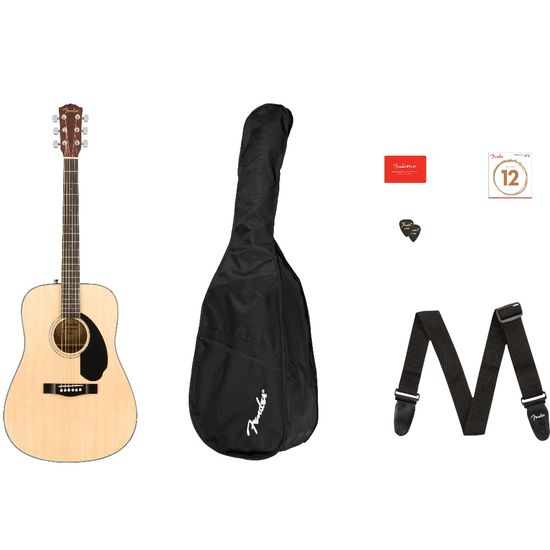 Violão Acústico Dreadnought Cutaway Fender CD60-S Natural com Cordas, Palheta, Capa e Correia