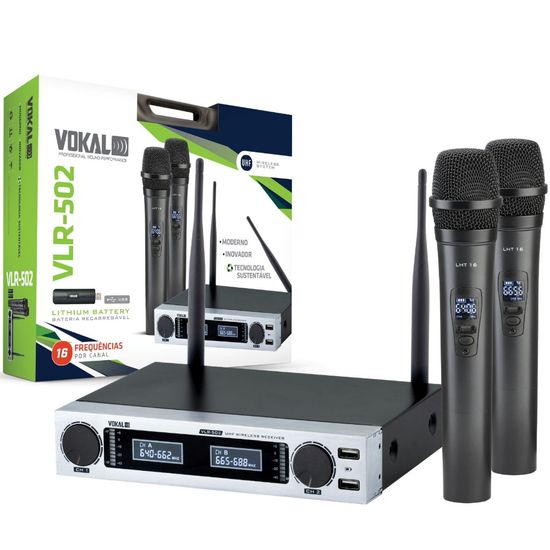 Sistema Microfone Sem Fio Vokal VLR-502 - Mão Duplo Sistema Microfone Sem Fio Vokal VLR-502 - Mão Duplo