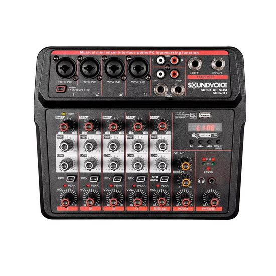 Mesa De Som Mixer Compacta 6 Canais Soundvoice MC6-BT com Bluetooth E Gravação